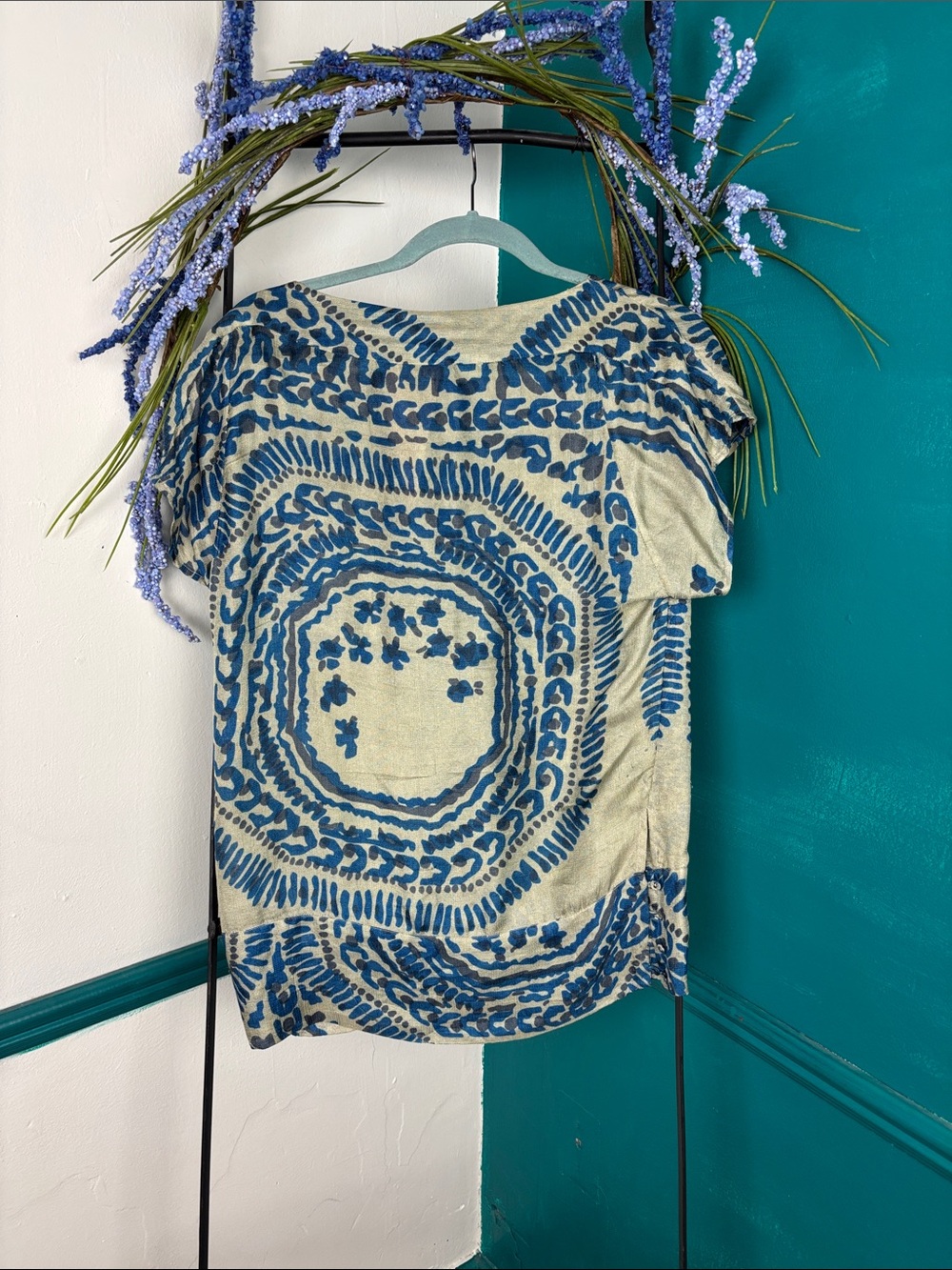 L.A.M.B. Blue and Cream Printed Short Sleeve Top - Picture 3 of 7